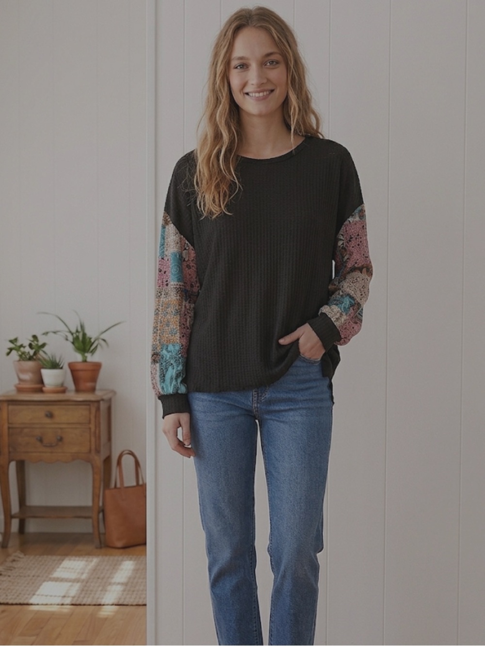 Umgee Black Waffle Knit Top with Patchwork Sleeves